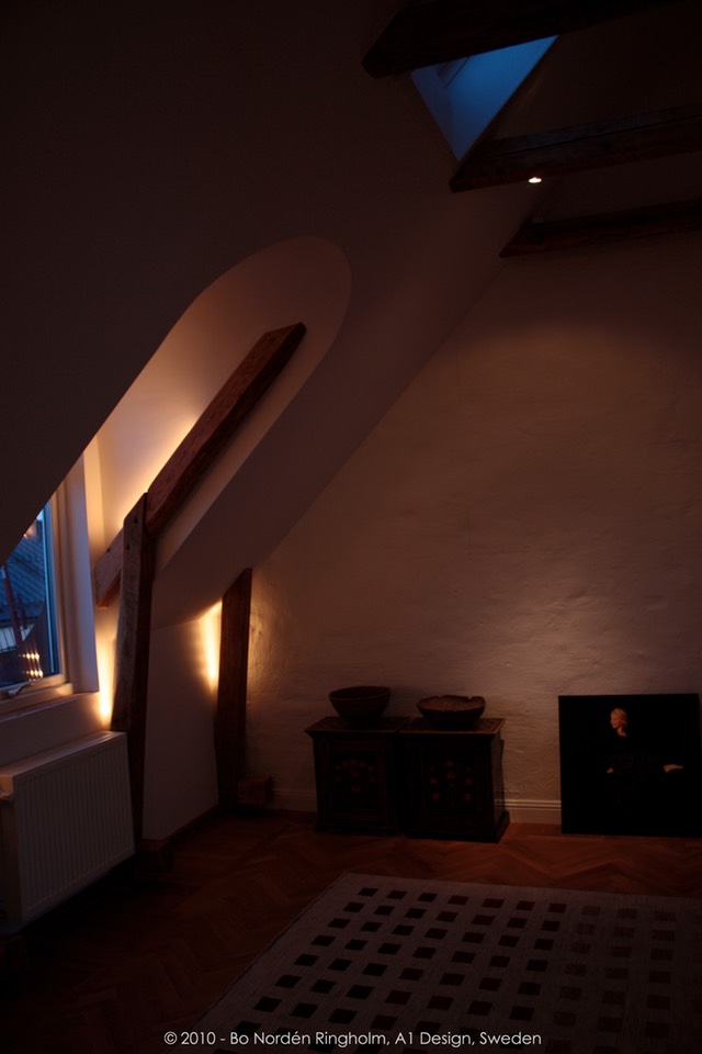 Belysning-ljusdesign-vindsvåning-kväll-lighting-fönsterkupa